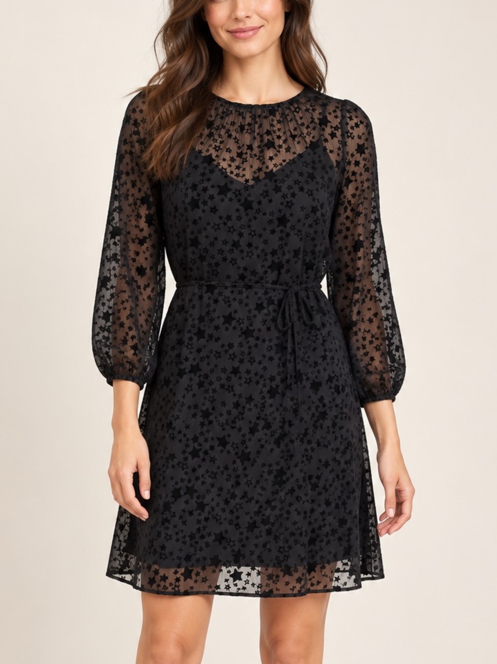 Black Flocked Star Sheer Sleeve Tie Waist Party Dress XS NWT LOFT